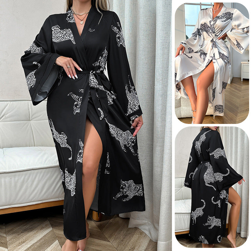 Roupão Longo de Cetim para Mulher, Camisola de Noite com Mangas Compridas