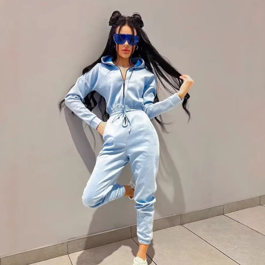 Womens Hooded Drawstring Jogger Jumpsuit Set