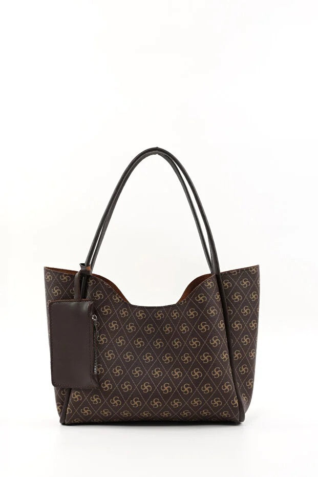 Monogram Brown Faux Leather Women Hand And Shoulder Bag With Wallet And Makeup Bag