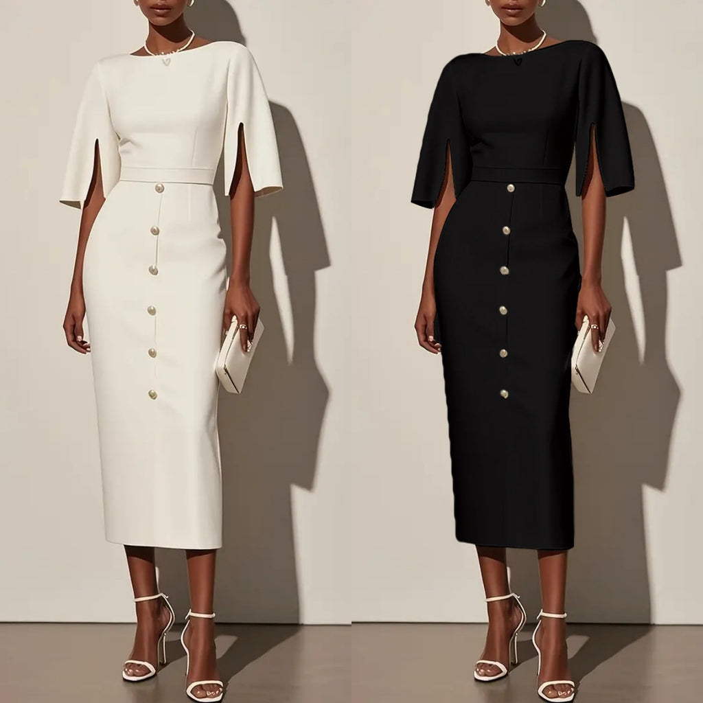 Robe d'été unie à col rond, taille marquée, fente et boutons