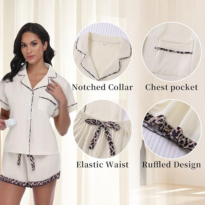 Summer Pajamas For Women Set Short Sleeve Button Down Leopard Pjs Lounge Sets Soft Sleepwear