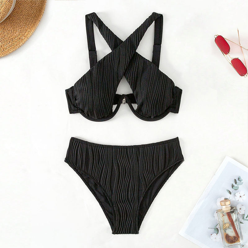 Womens Instagram-style Beach Bikini Solid-color Lace-up Underwire Two-piece Swimsuit For Women