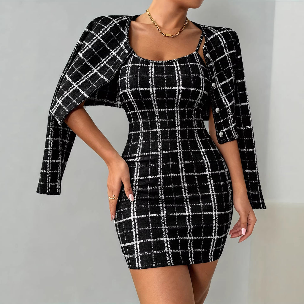Womens Plaid Long-Sleeve Jacket And Skirt Set