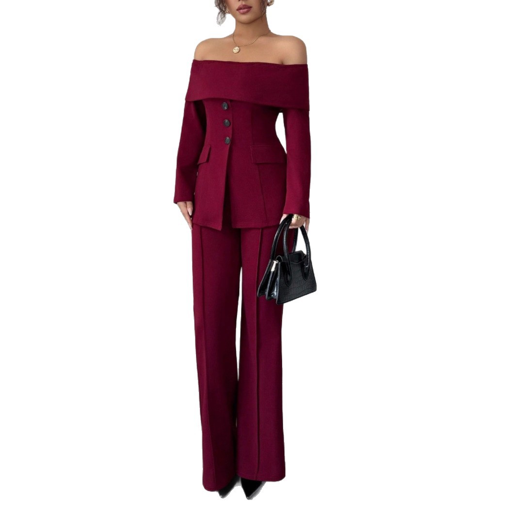 Burgundy Suit Dress For Women French-style Off-shoulder Design With An Elegant High-end Vibe