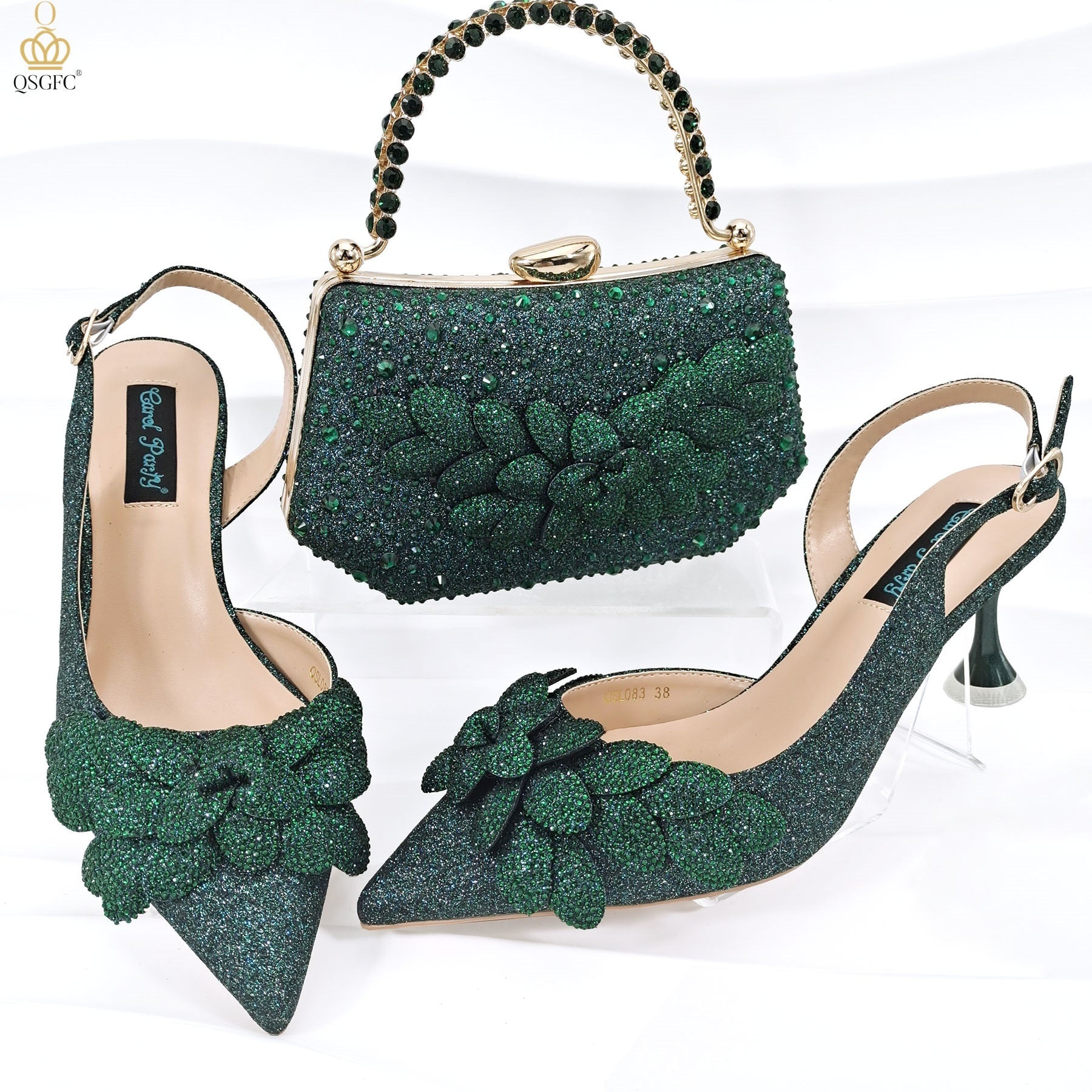 Cross-border Ladies Party Shoes Bag Set Handmade Leaf Decorative Wine Glass Heel Matching Set