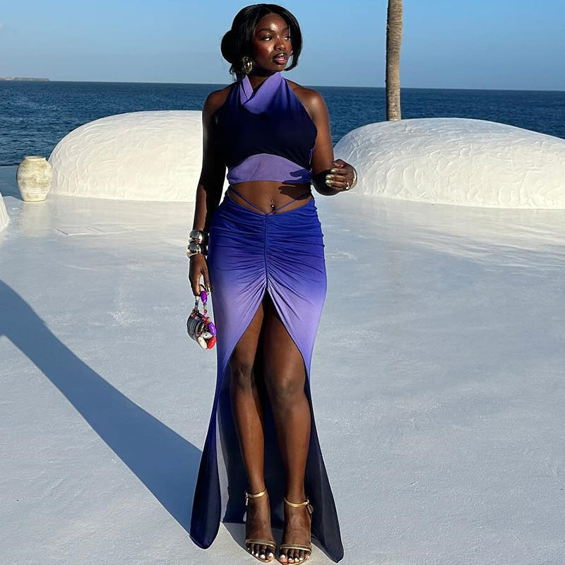Fashionable Printed Sleeveless Backless Tank Top And Slit Skirt Set