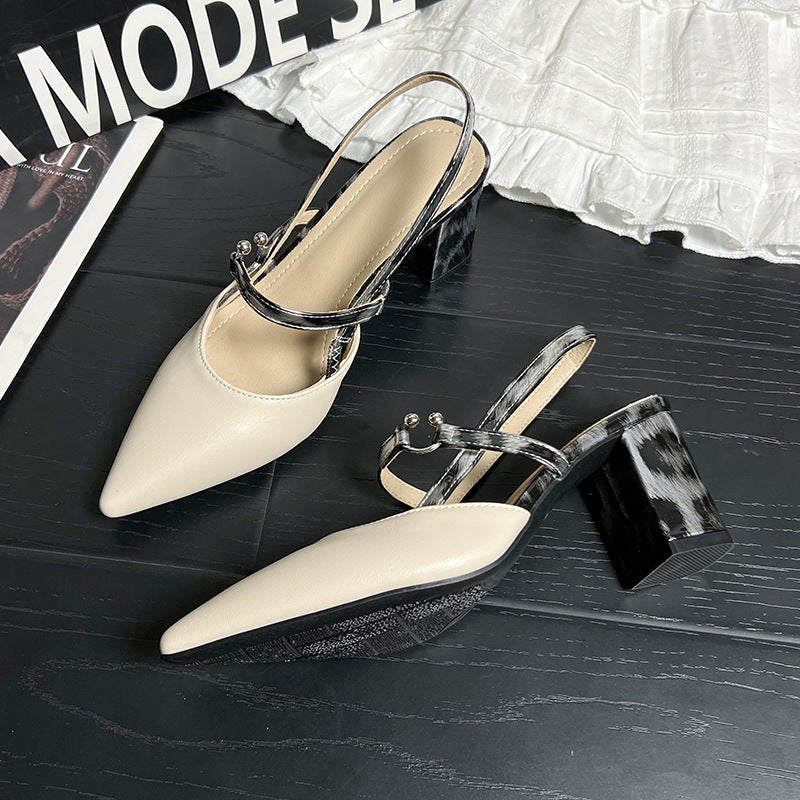 Summer New Pointed-toe Fashionable Open-heel Chunky Heel Shoes