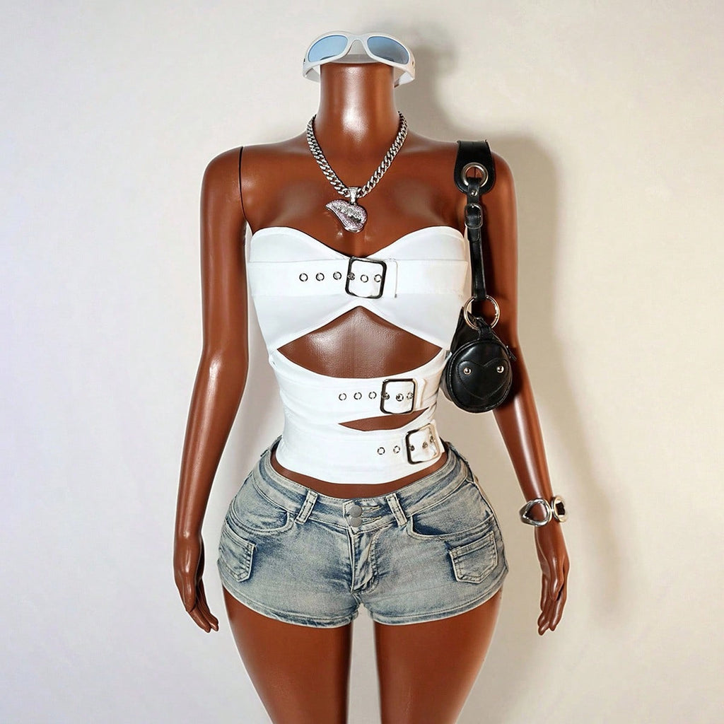 Off-the-shoulder Strapless Hollow-out Fashionable Cropped Tank Top