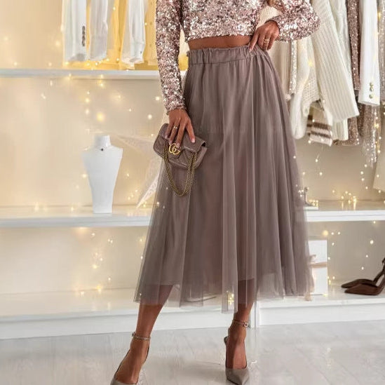 Womens Sequin Long-sleeve Top With A Mesh Pleated Puff Skirt