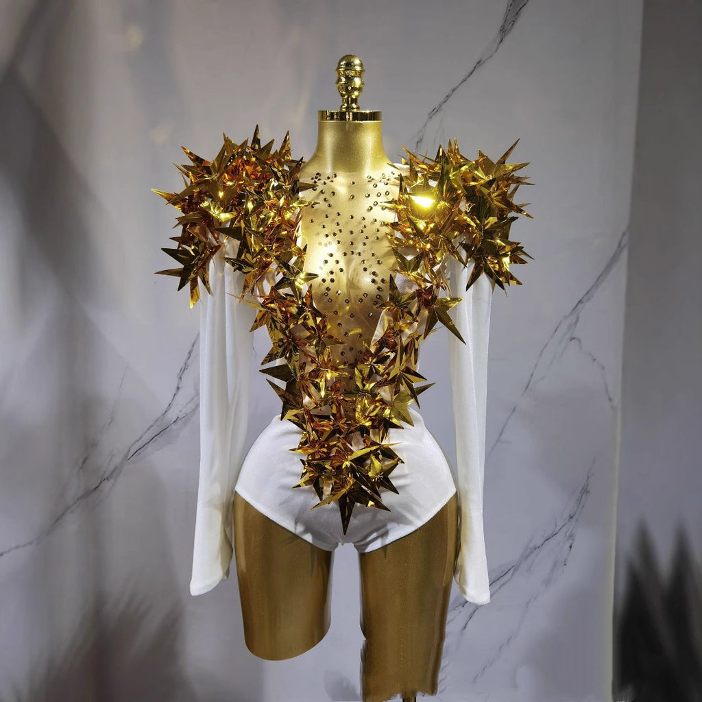 Sexy Golden Three-dimensional Five-pointed Star Exaggerated High Padded Shoulder Jumpsuit
