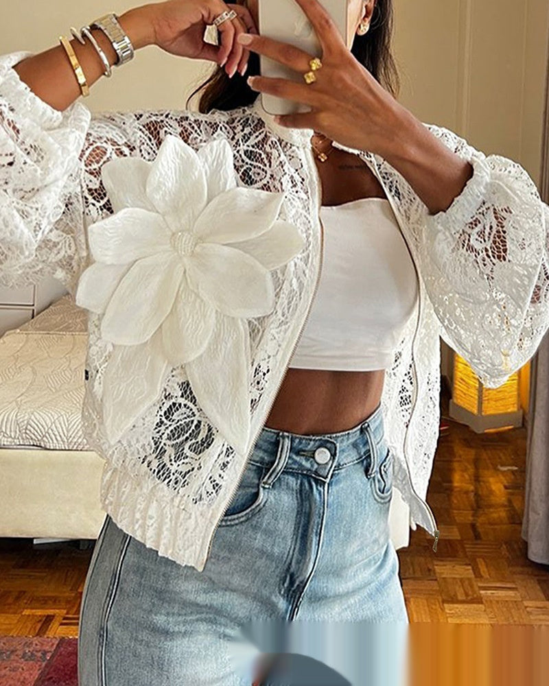 Womens Lightweight  Sheer White Lace Fabric Cropped Jacket With 3D Floral Detailing