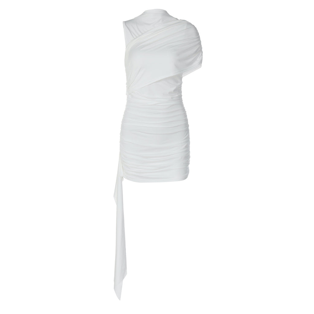 Pleated Puff Sleeve Patchwork Ribbon Dress