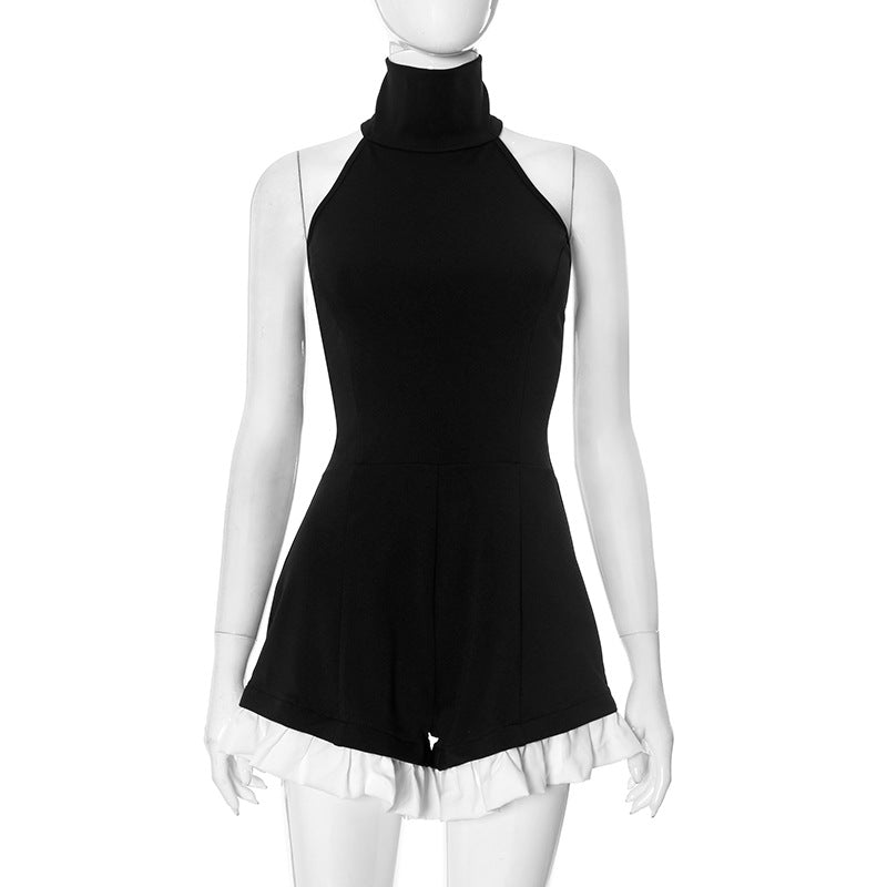 Contrast Color Sleeveless Halter Backless Siamese Shorts