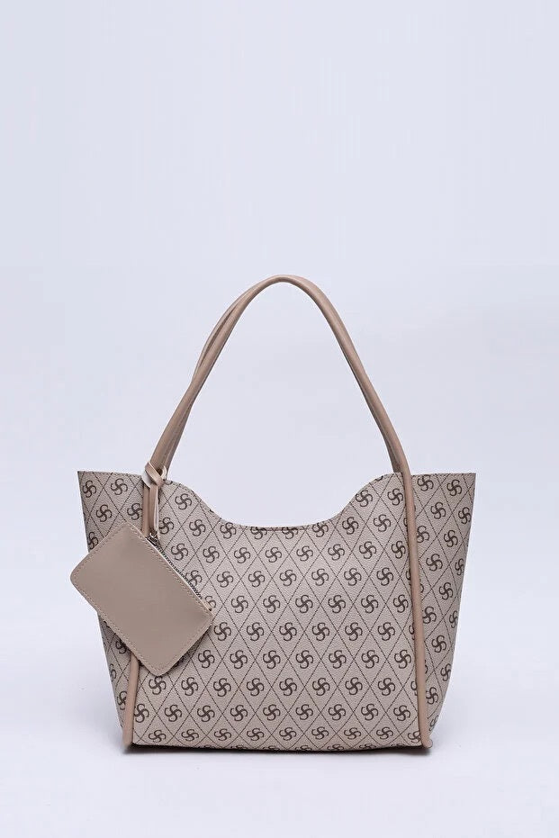Monogram Mink Faux Leather Women Hand And Shoulder Bag With Wallet And Makeup Bag