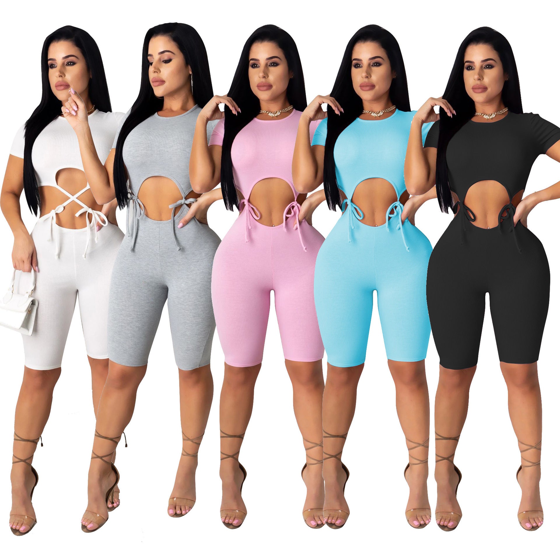 Knitted Tie-front Midriff-baring One-piece Shorts