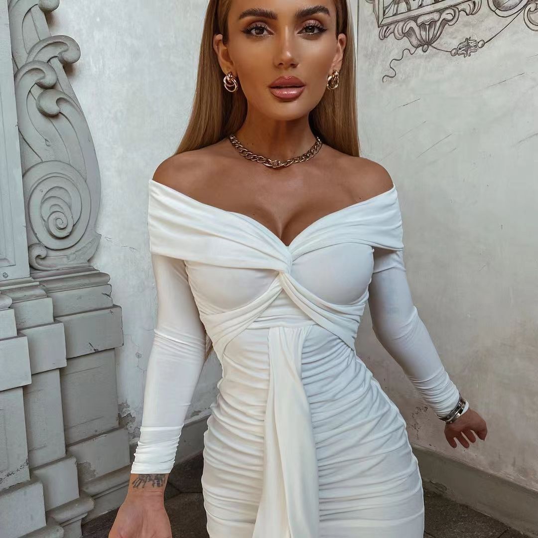 Womens Sexy V-Neck Off-Shoulder Long-Sleeve Pleated Ruffle Dress