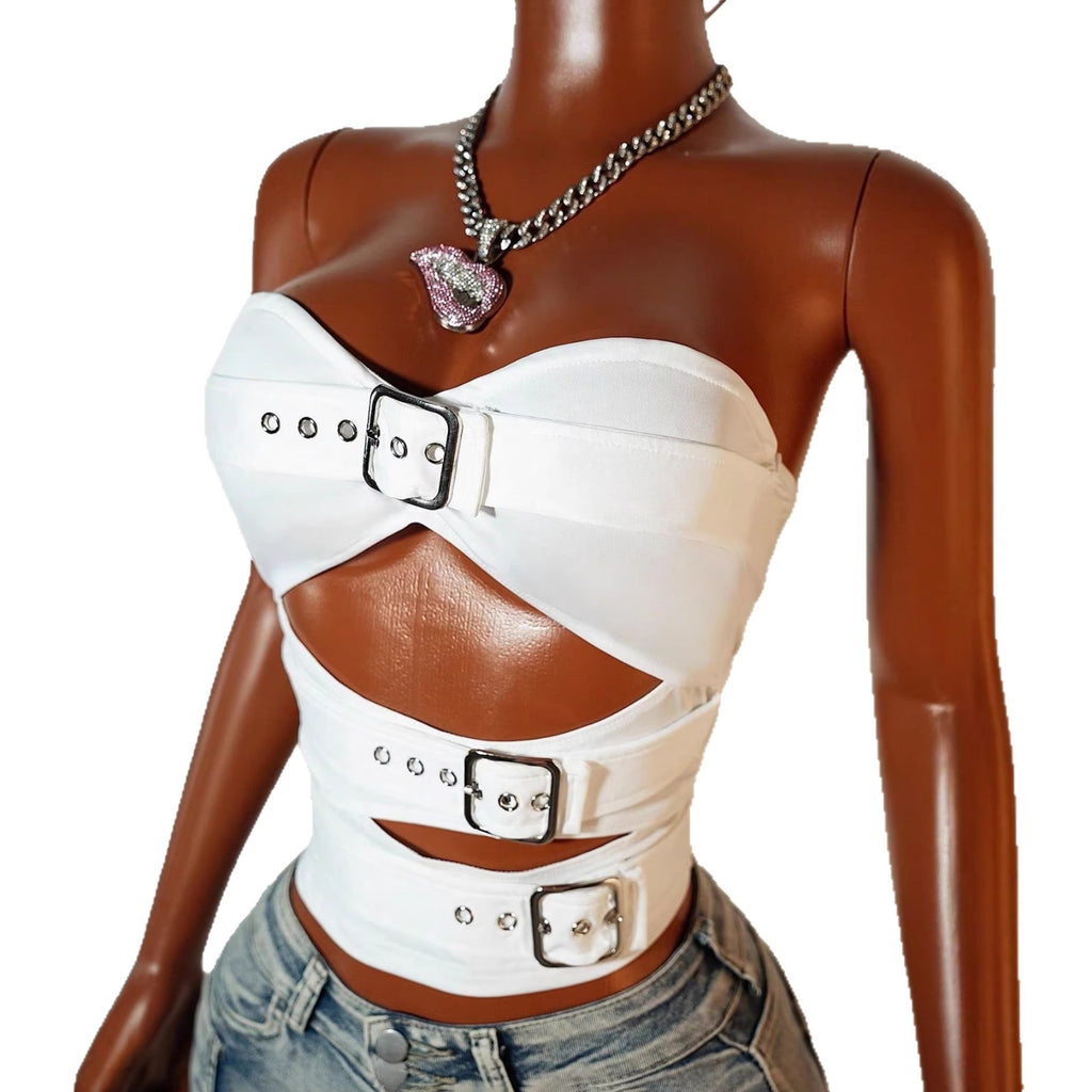 Off-the-shoulder Strapless Hollow-out Fashionable Cropped Tank Top