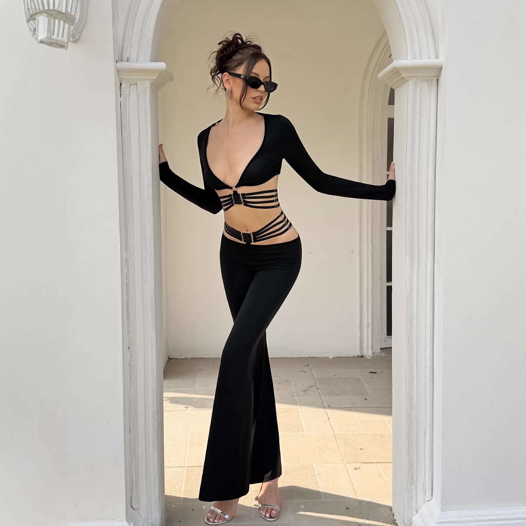 Fashionable V-neck Long-sleeve Top And Slim-fit Wide-leg Pants Set With Tie Details
