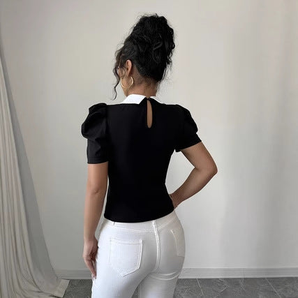 Womens Stylish Slim-fit Color-blocked Lapel Short-sleeve Top