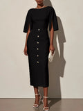 Robe d'été unie à col rond, taille marquée, fente et boutons