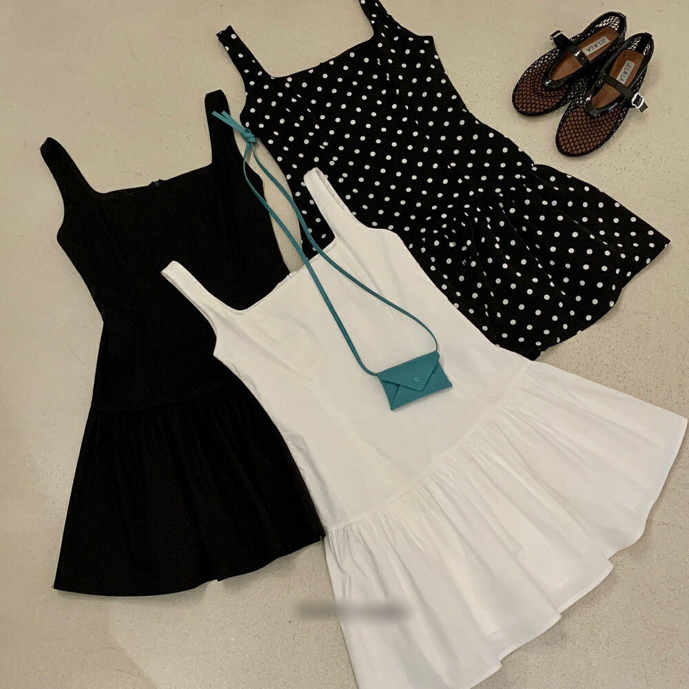 Versatile Polka-dot Waist-cinching Backless Slip Dress