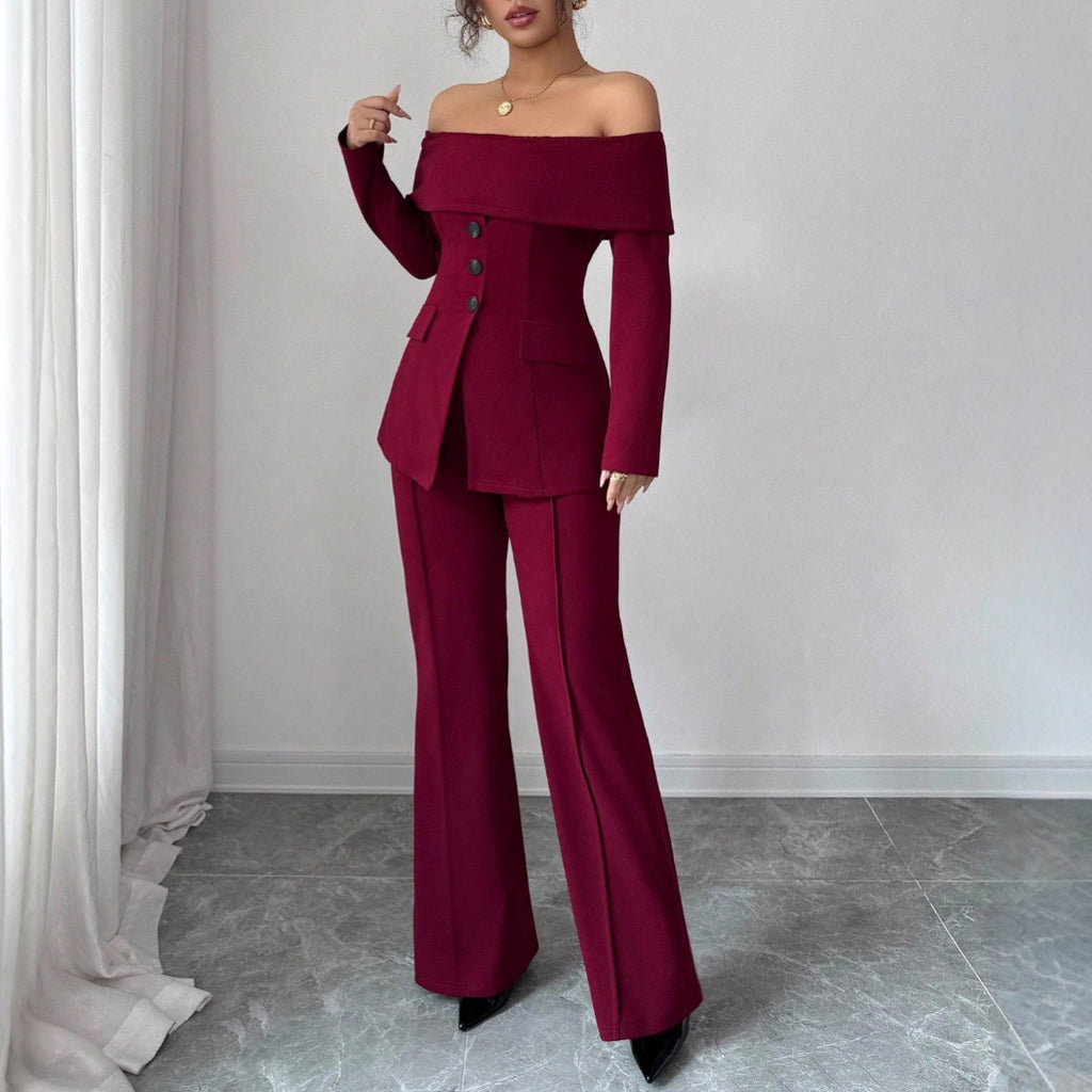 Burgundy Suit Dress For Women French-style Off-shoulder Design With An Elegant High-end Vibe
