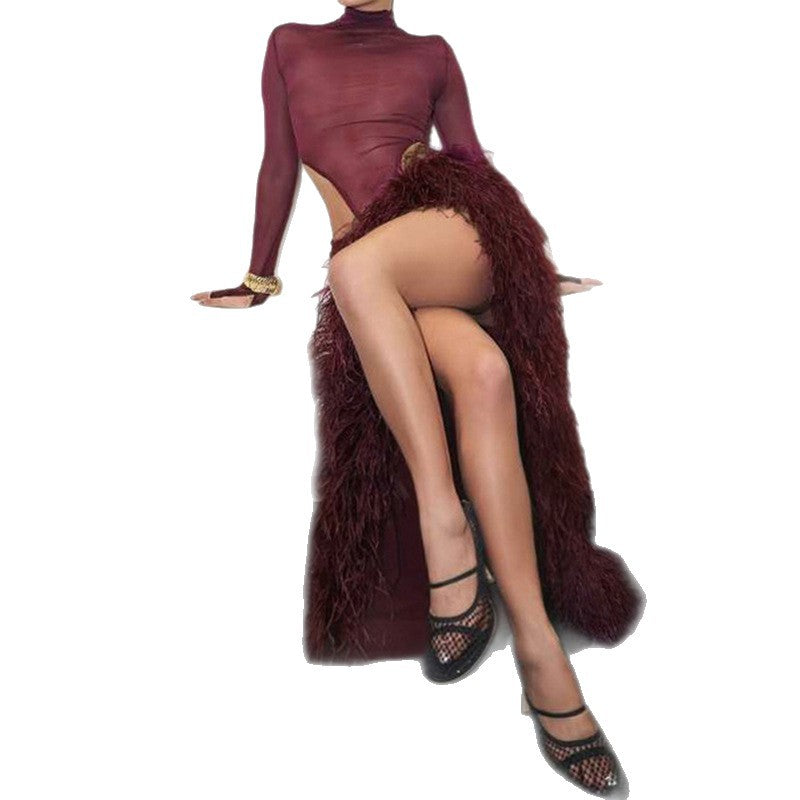 Womens Mesh Bodycon High-Neck Sheer Bodysuit With Slit Skirt Set