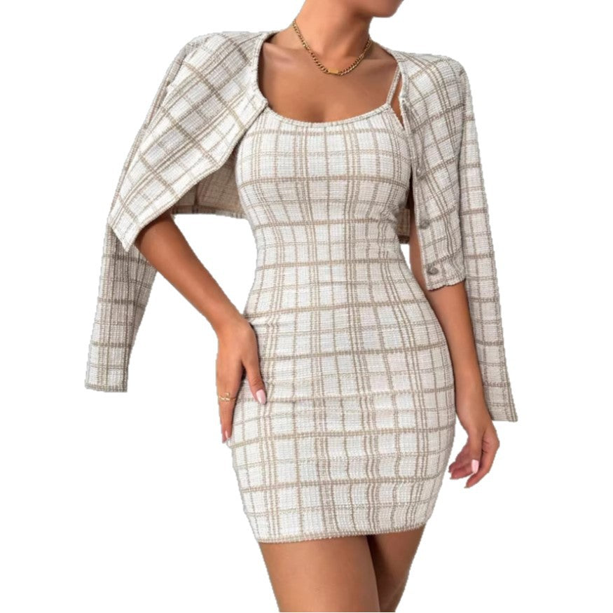 Womens Plaid Long-Sleeve Jacket And Skirt Set