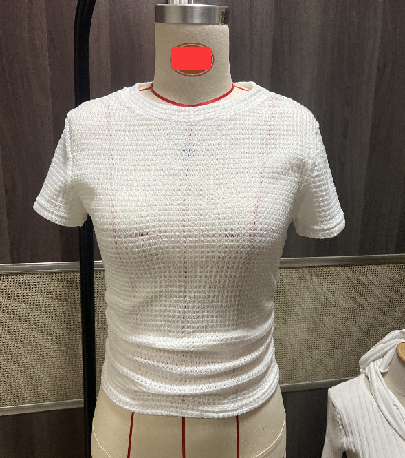 Versatile Figure-flattering Ribbed Crew-neck Knit Short-sleeve T-shirt