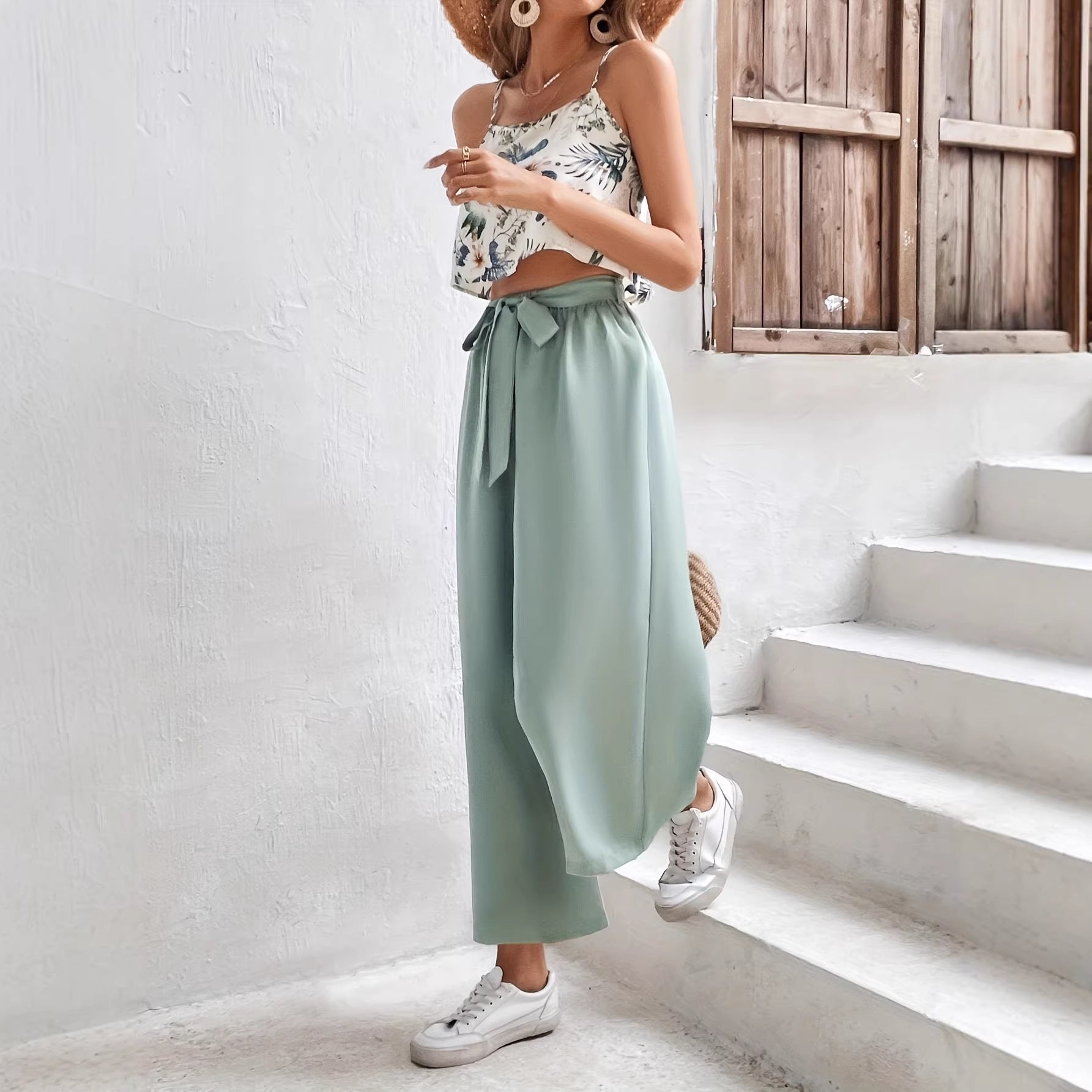 Womens Casual Printed Top And Tie-Front Pants Set