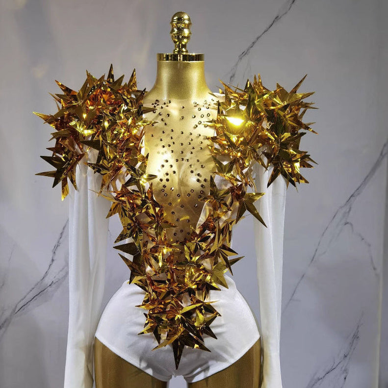 Sexy Golden Three-dimensional Five-pointed Star Exaggerated High Padded Shoulder Jumpsuit