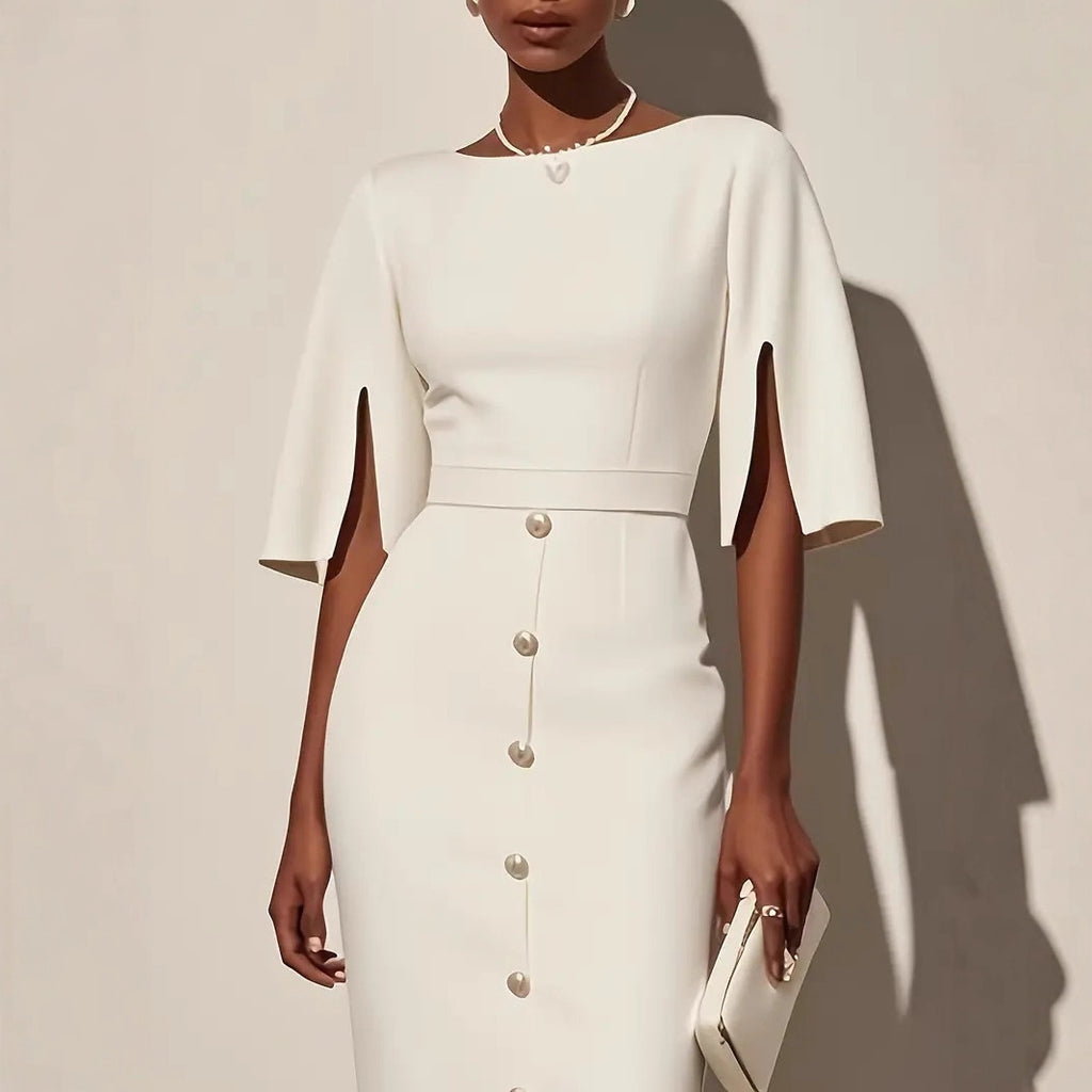 Robe d'été unie à col rond, taille marquée, fente et boutons