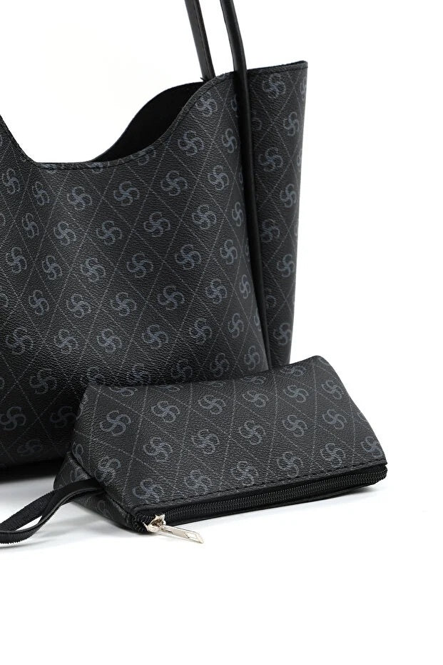 Monogram Black Faux Leather Women Hand And Shoulder Bag With Wallet And Makeup Bag