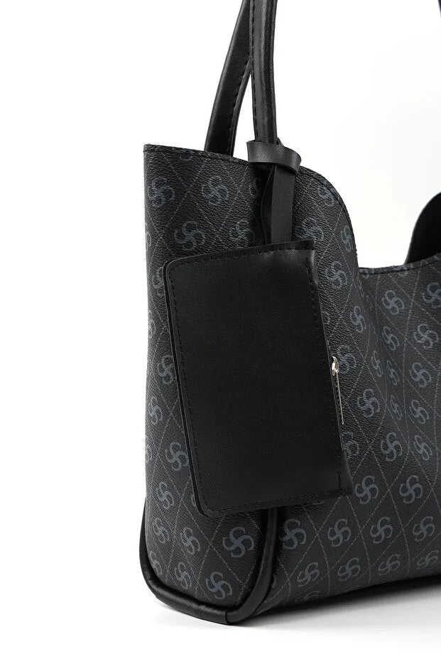 Monogram Black Faux Leather Women Hand And Shoulder Bag With Wallet And Makeup Bag