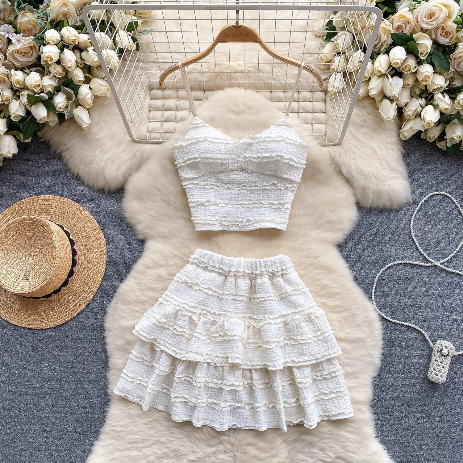 Lace Camisole And Ruffled Short Skirt Set
