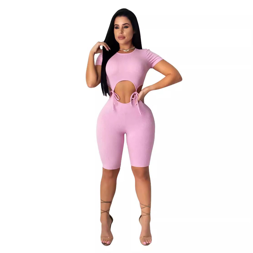 Knitted Tie-front Midriff-baring One-piece Shorts