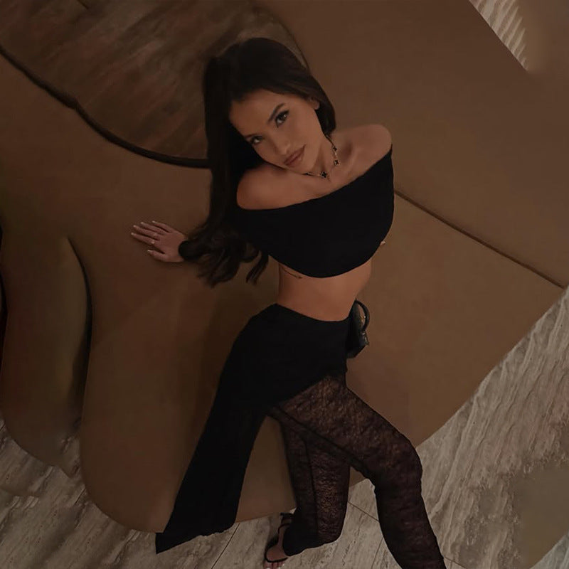 Solid-color Top And Sexy Lace-panelled Pants Set For Women