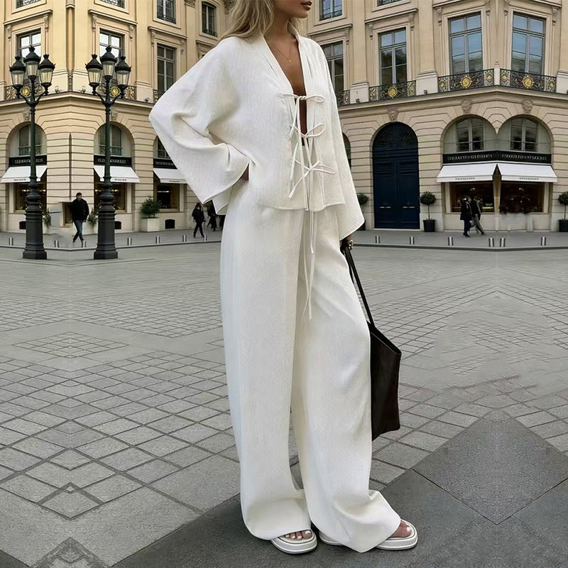 High-end Lace-up Shirt And Pants Casual Fashion Set