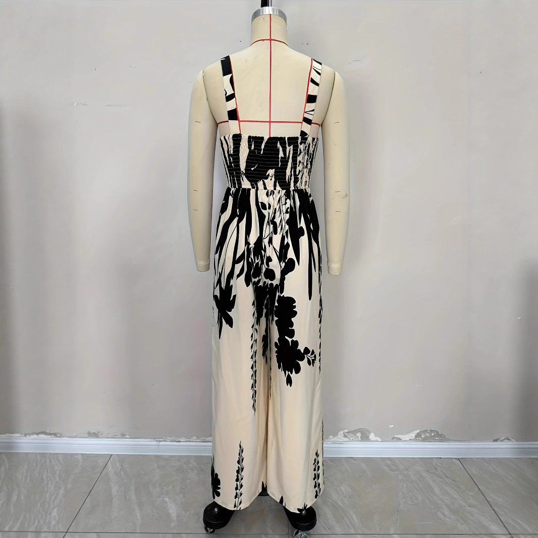 Ethnic-style Printed Ruched Waist With A Tie-detail Designcasual Vacation-ready Womens Jumpsuit