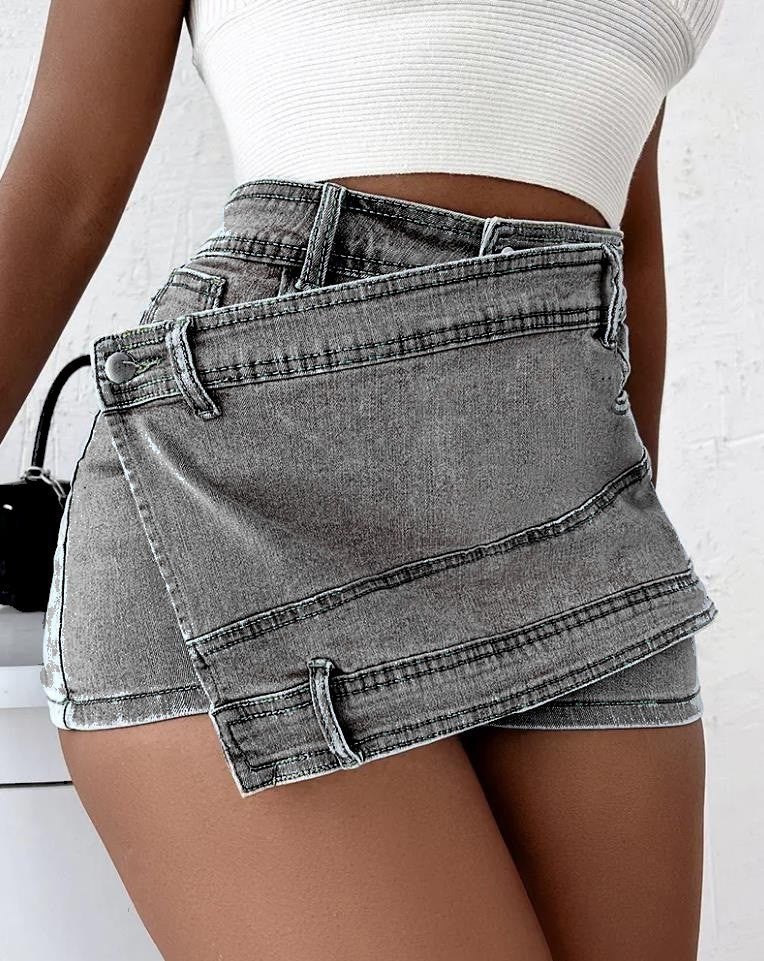 Street Vintage Denim Shorts Stretch Overlap Waist Wrap Solid Asymmetrical Hem A-Line Skinny Mini Skorts Skirt