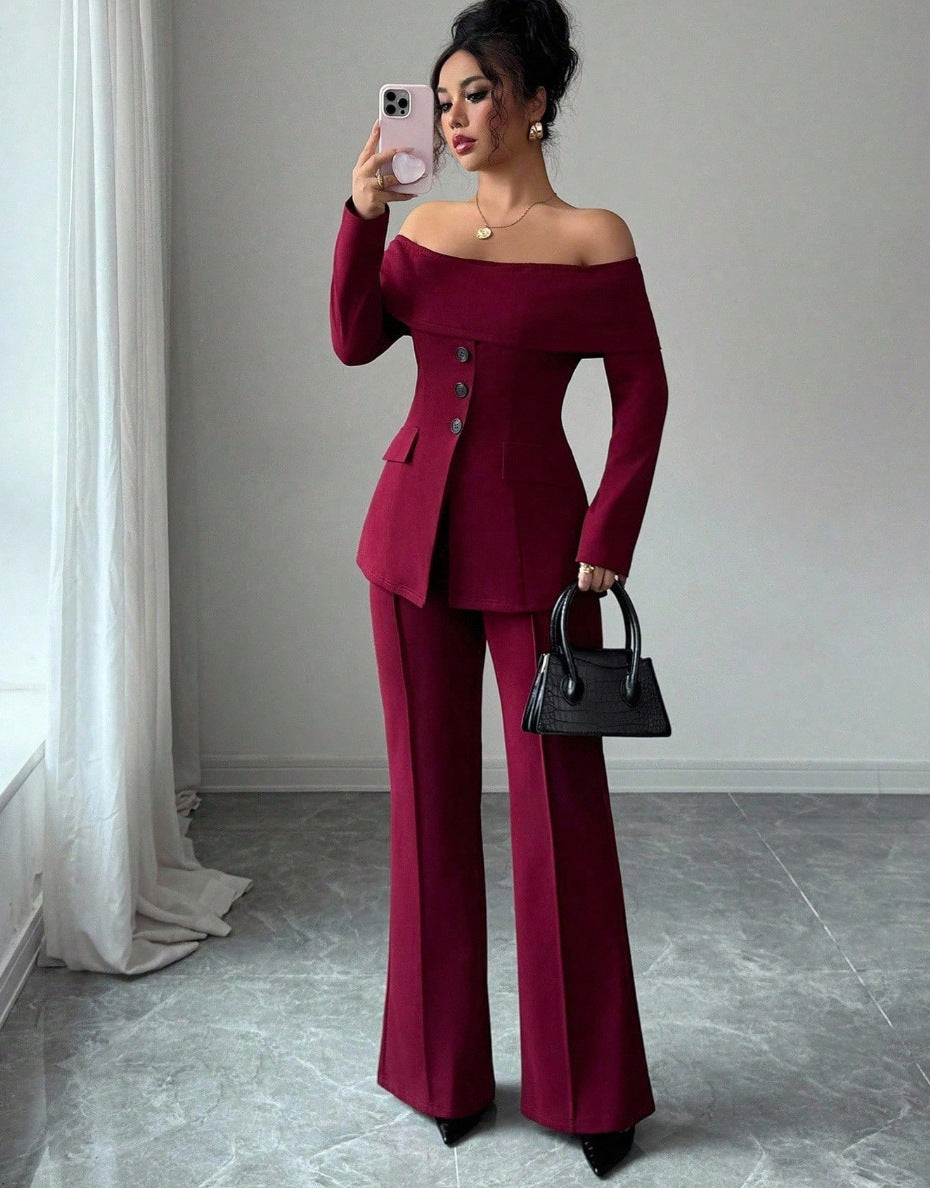 Burgundy Suit Dress For Women French-style Off-shoulder Design With An Elegant High-end Vibe