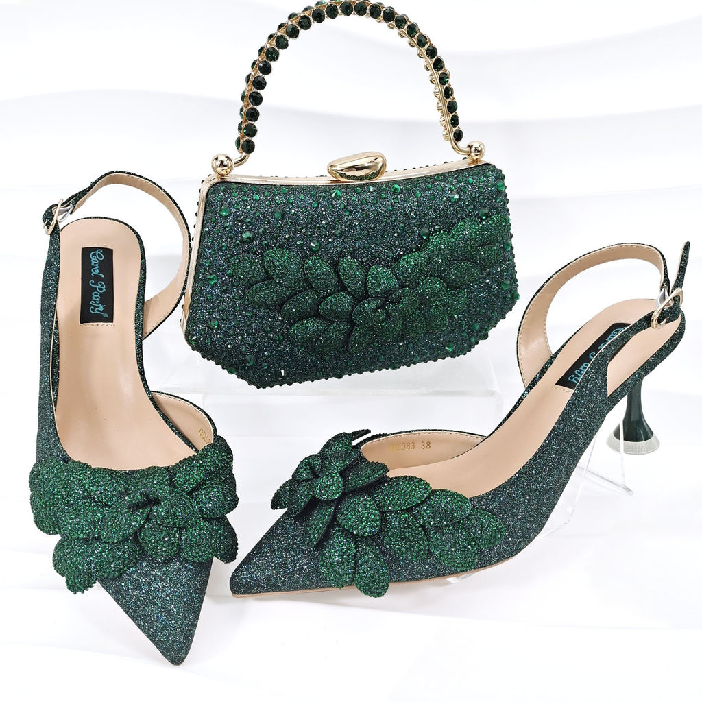 Cross-border Ladies Party Shoes Bag Set Handmade Leaf Decorative Wine Glass Heel Matching Set