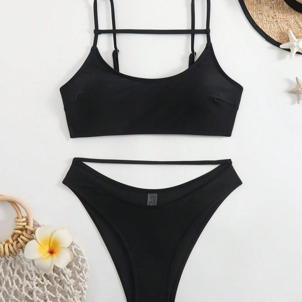 Hollow-out Black Tank-top Sports Two-piece Swimsuit Bikini