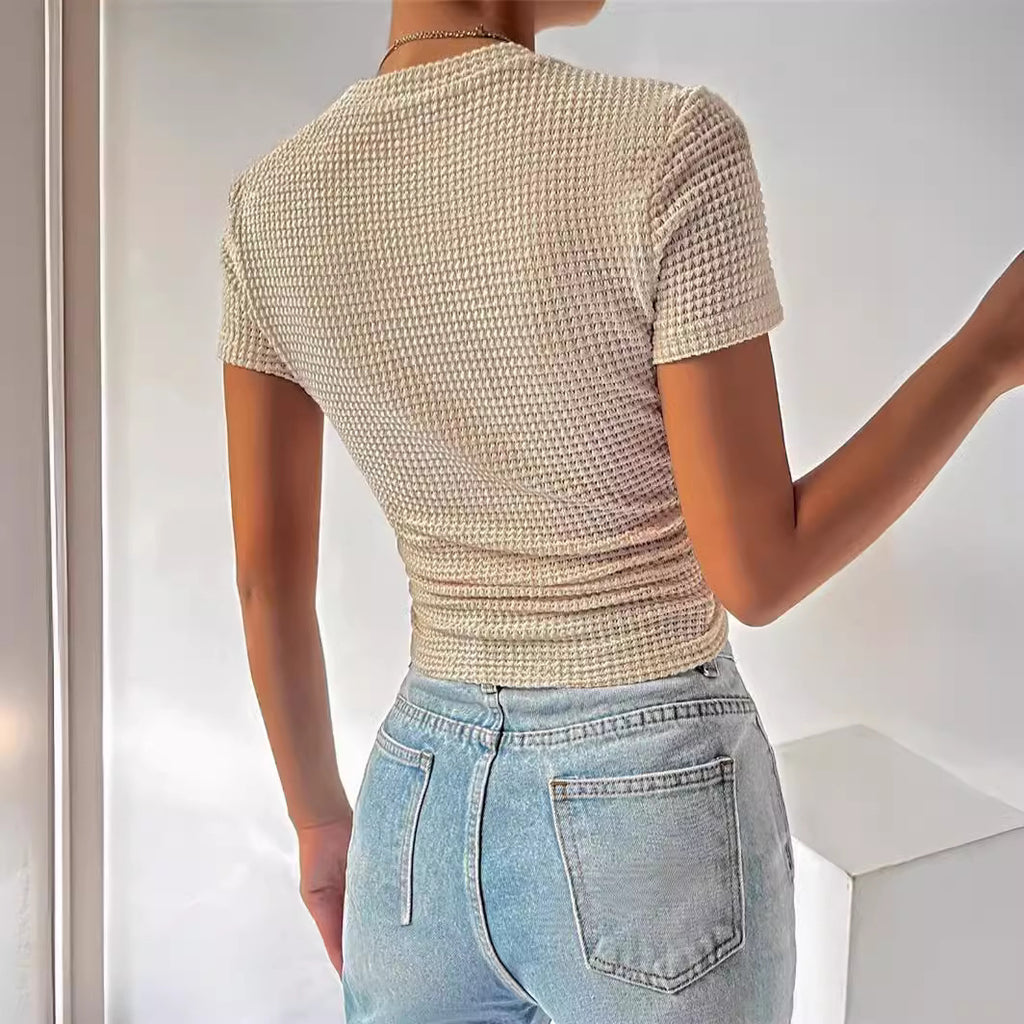 Versatile Figure-flattering Ribbed Crew-neck Knit Short-sleeve T-shirt