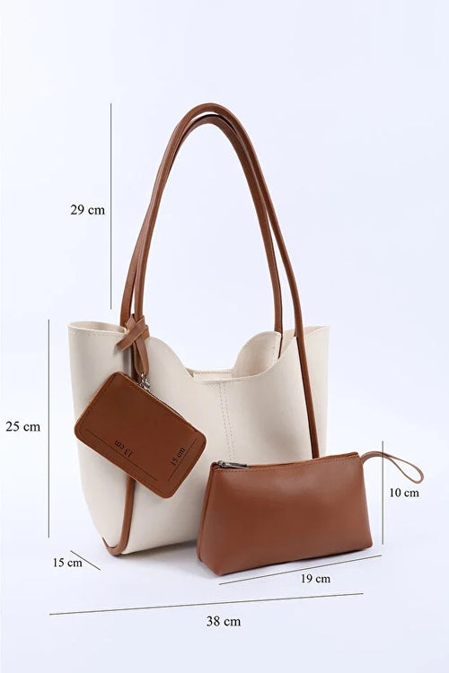 Cream Tan Faux Leather Women Hand And Shoulder Bag With Wallet And Makeup Bag