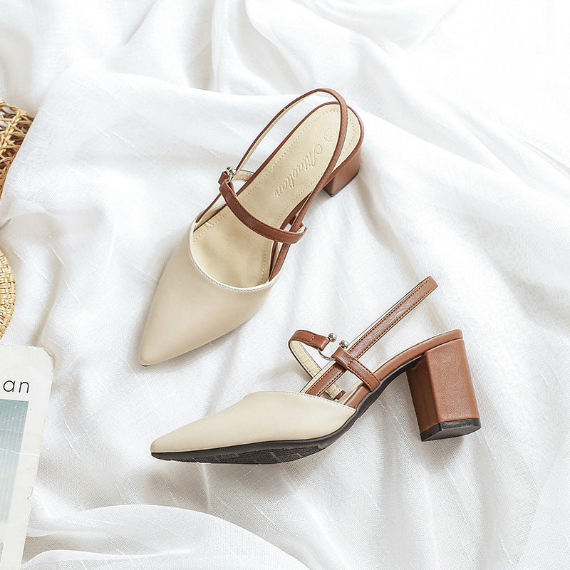 Summer New Pointed-toe Fashionable Open-heel Chunky Heel Shoes