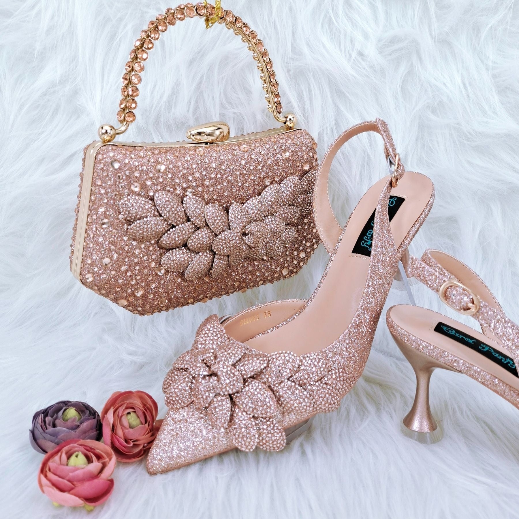 Cross-border Ladies Party Shoes Bag Set Handmade Leaf Decorative Wine Glass Heel Matching Set