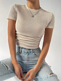 Versatile Figure-flattering Ribbed Crew-neck Knit Short-sleeve T-shirt