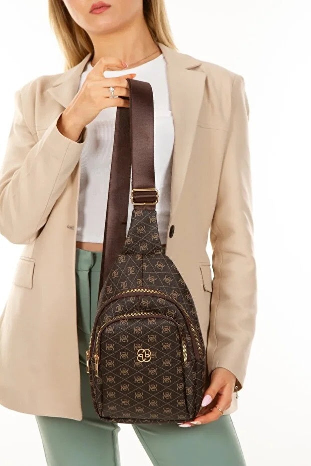Dame brun læder monogram crossbody bælte bryst- og skuldertaske
