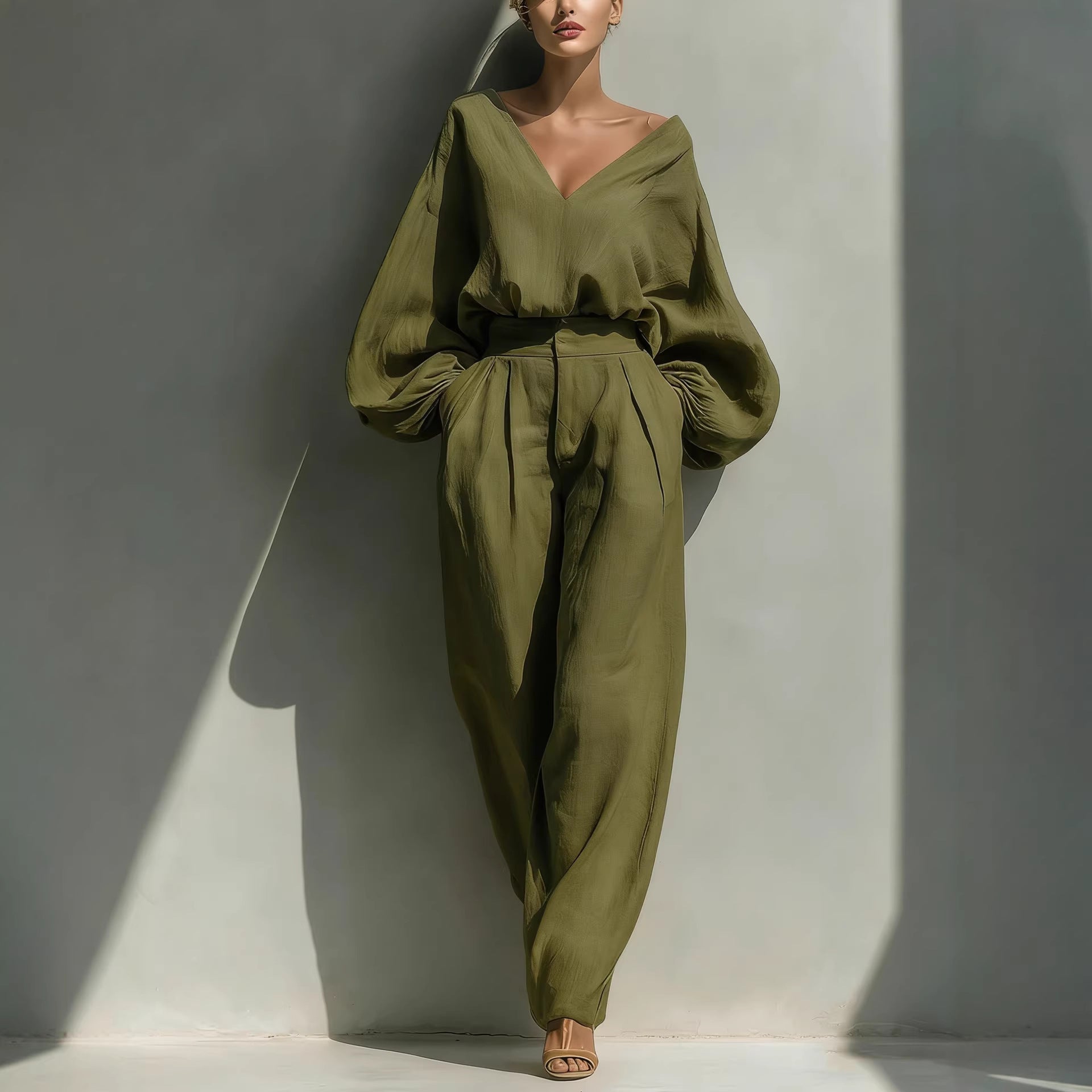 Pitkähihainen väljä trendikäs unisex-retro puuvilla-pellavasekoite-setti